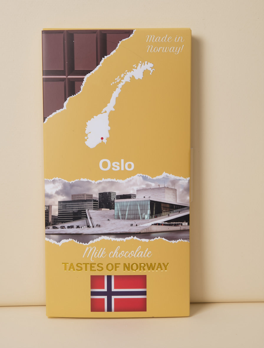 Tastes of Norway melkesjokolade med Oslo-motiv, kart over Norge og norsk flagg.