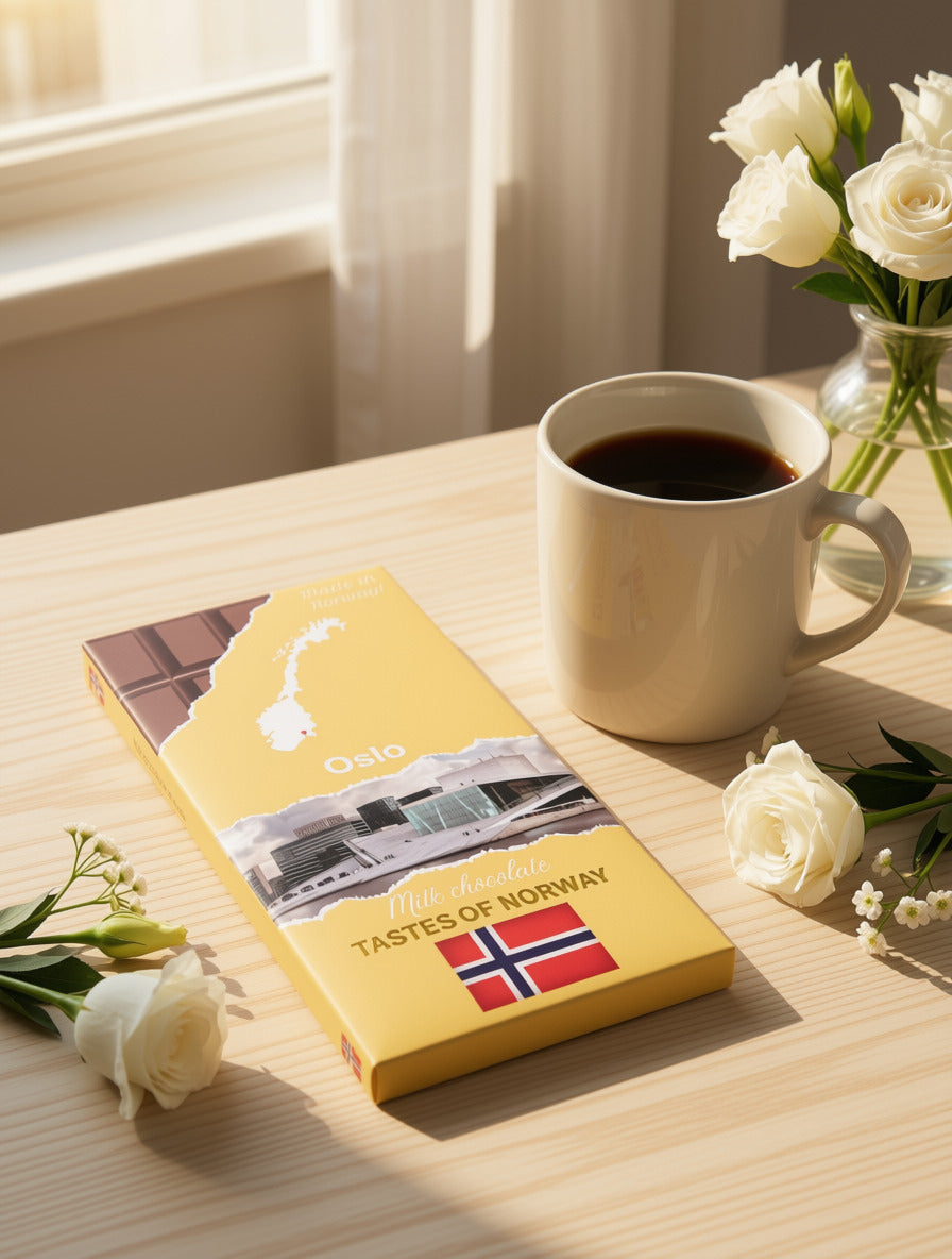 Tastes of Norway melkesjokolade med Oslo-motiv og norsk flagg, pyntet med hvite roser.