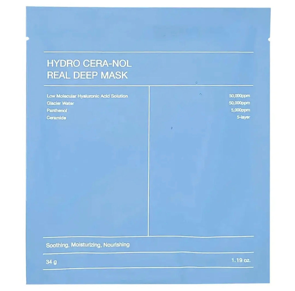 Lyseblå pakke med Hydro Cera-Nol Real Deep Mask, en ansiktsmaske for fuktighet og pleie av huden