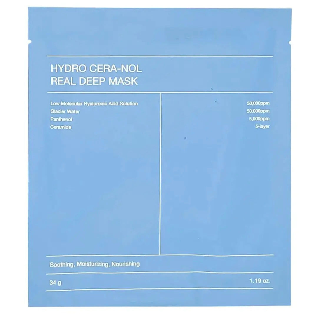 Lyseblå pakke med Hydro Cera-Nol Real Deep Mask, en ansiktsmaske for fuktighet og pleie av huden