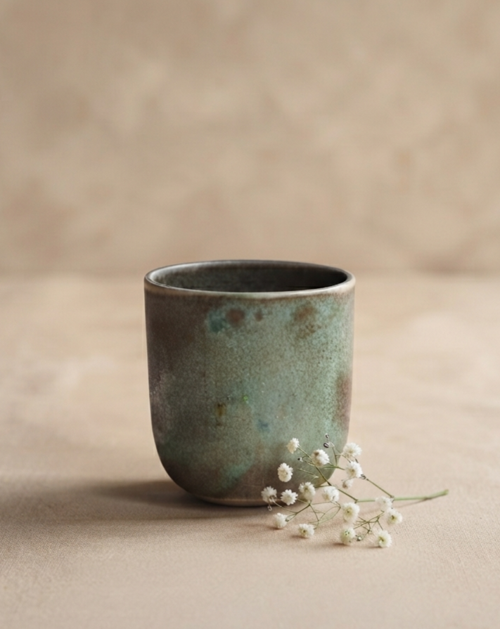 Håndlaget kaffekopp i steingods med grønn celadon-glasur og brune sjatteringer